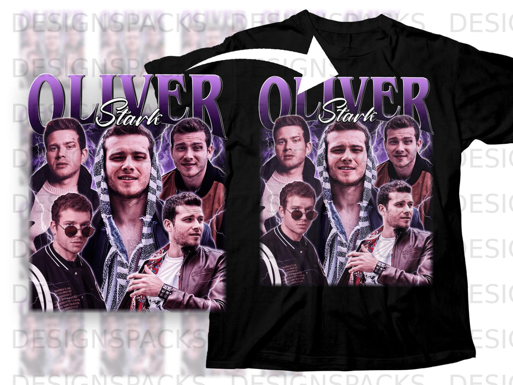 Black t-shirt with "OLIVER Stark" text and collage of male portraits.