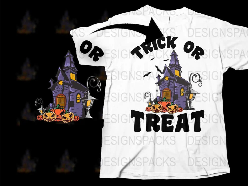 Halloween Trick or Treat T-Shirt, Spooky Castle and Pumpkins Graphic Tee, Unisex White Halloween Shirt