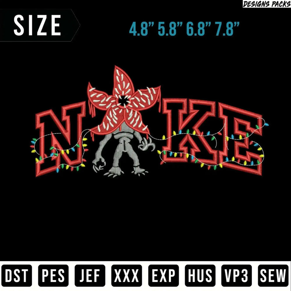 Demogorgon stylized as Nike logo with Christmas lights.