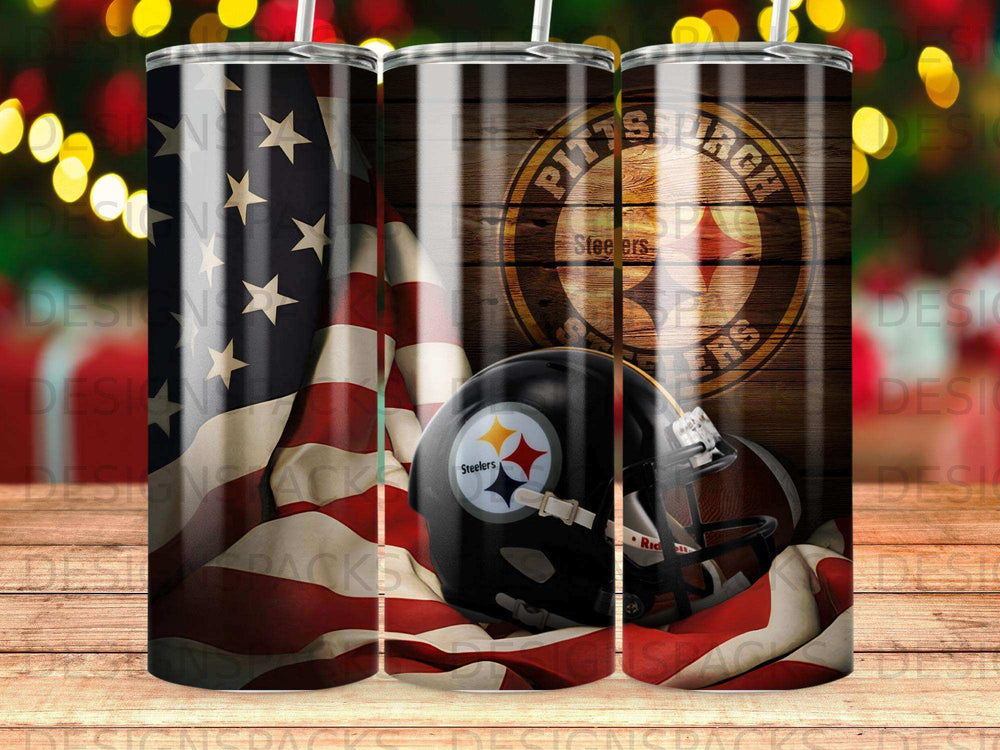 Pittsburgh Steelers helmet and American flag on wooden background.