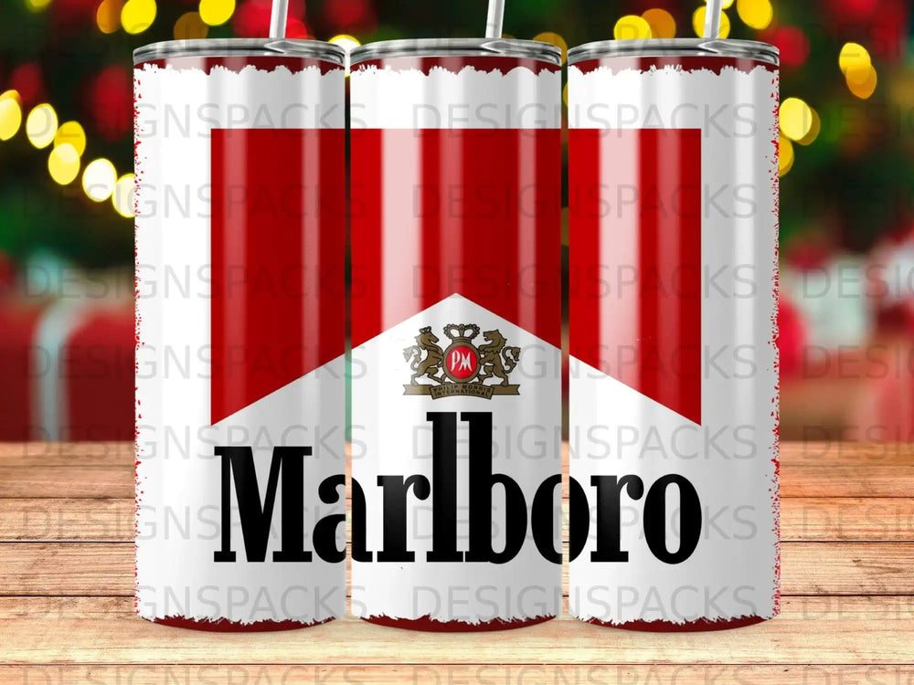 Marlboro cigarette logo on a patterned tumbler.