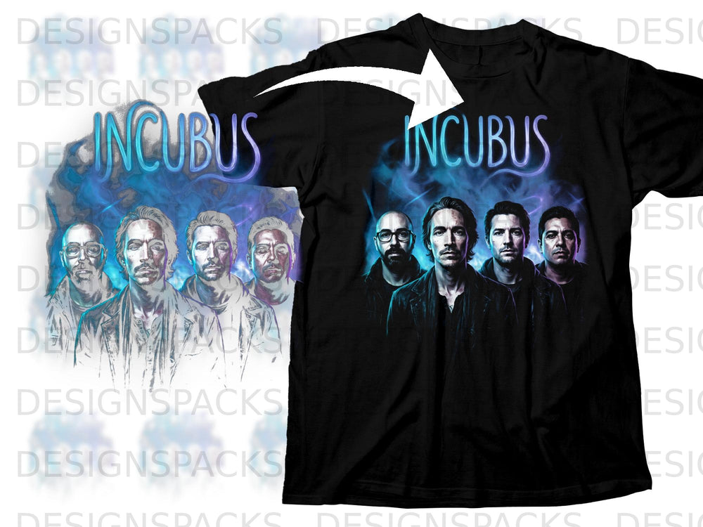 Black t-shirt featuring the band Incubus with blue and purple artistic accents.