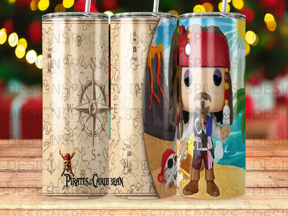 Captain Jack Sparrow figure from Pirates of the Caribbean on map-themed tumbler.