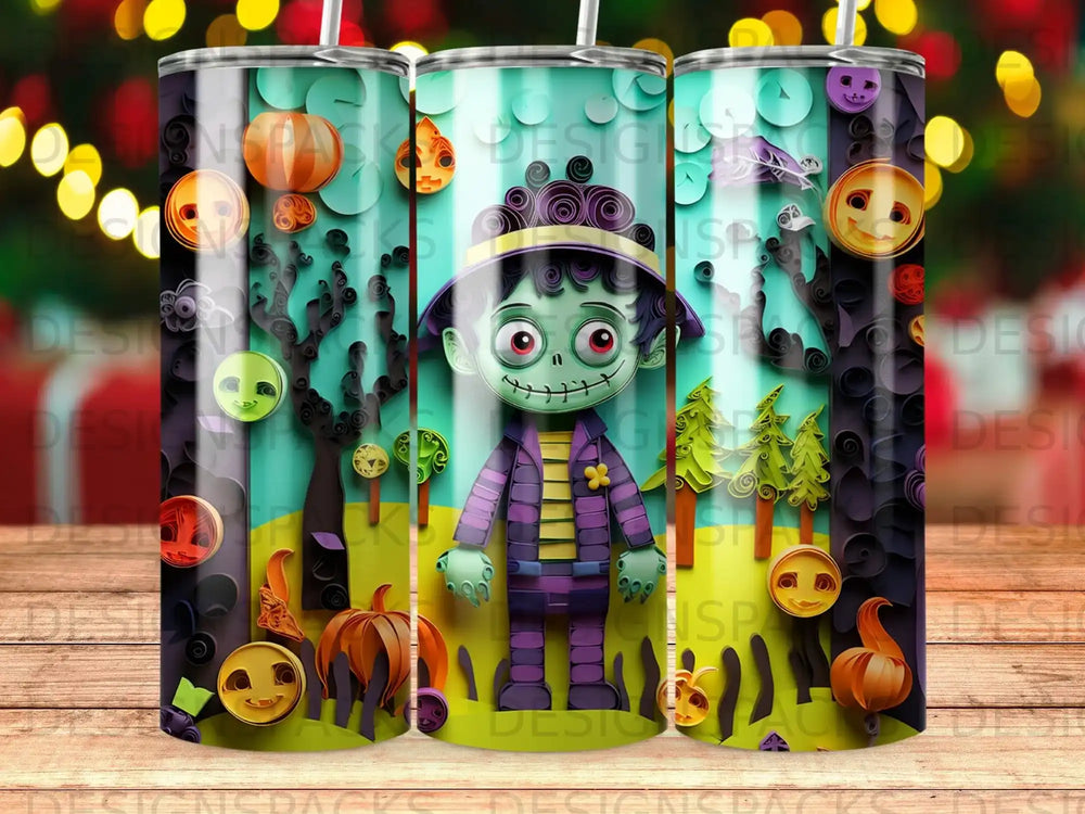 Green Frankenstein monster with pumpkins and Halloween decorations.