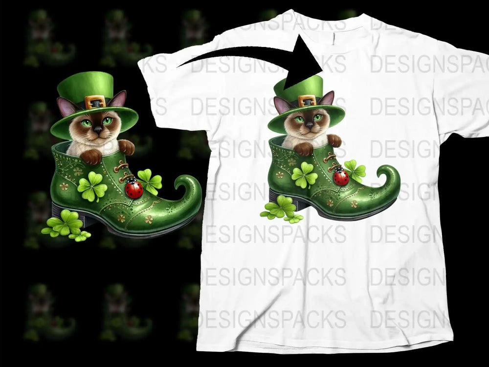 St. Patrick's Day Cat T-Shirt, Irish Kitten in Green Shoe, Cute Animal Tee, Festival Clothing, Lucky Charm Outfit, Clover Graphic Shirt