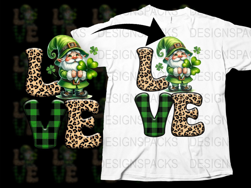 St. Patrick's Day Gnome T-Shirt, Leopard Print Love Graphic Tee, Festive Holiday Apparel