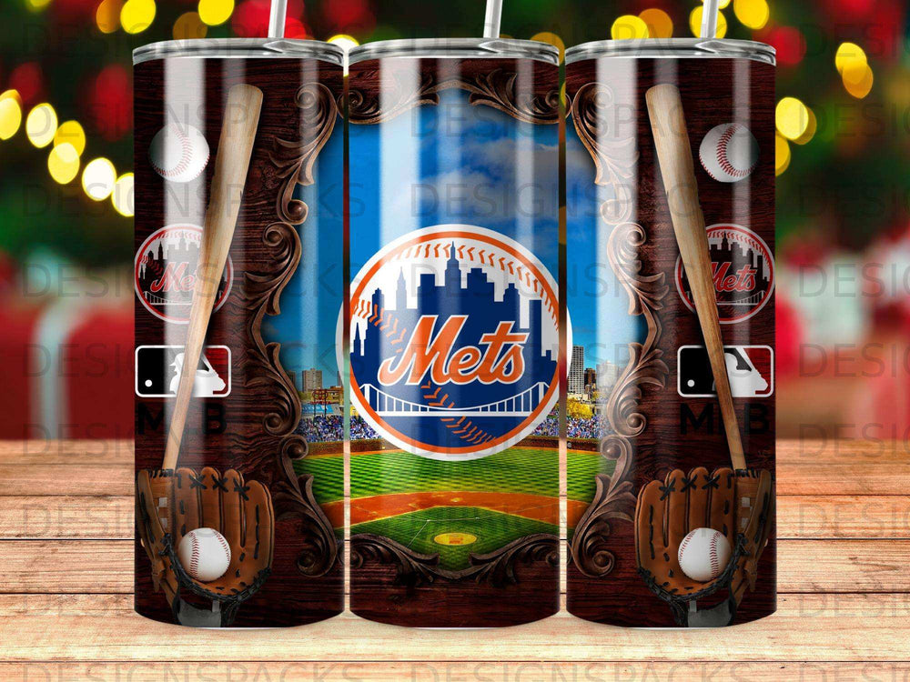 New York Mets baseball stadium scene with baseball glove and bat.