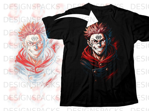 Black t-shirt with a close-up anime-style character portrait.