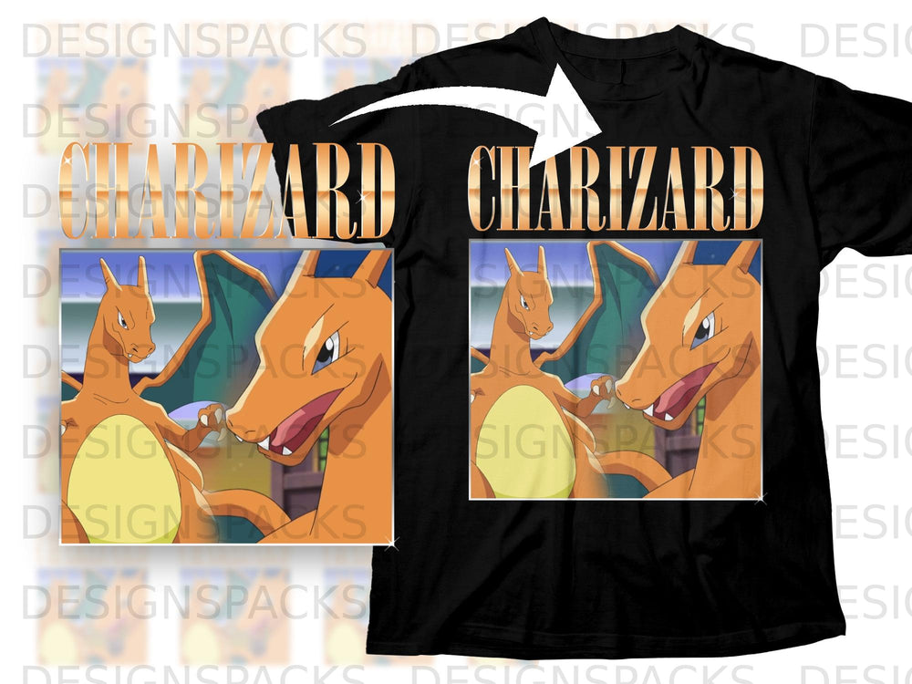 Black t-shirt with a "Charizard" graphic featuring two orange dragon-like creatures.