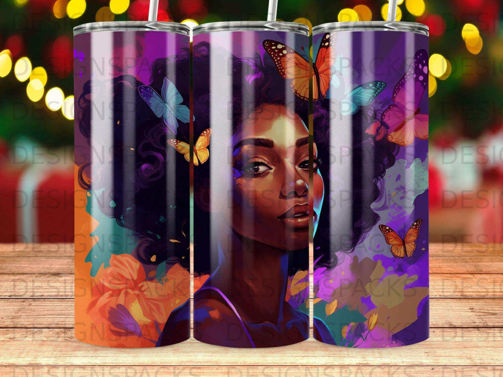 Woman with butterflies in hair on a purple patterned tumbler.