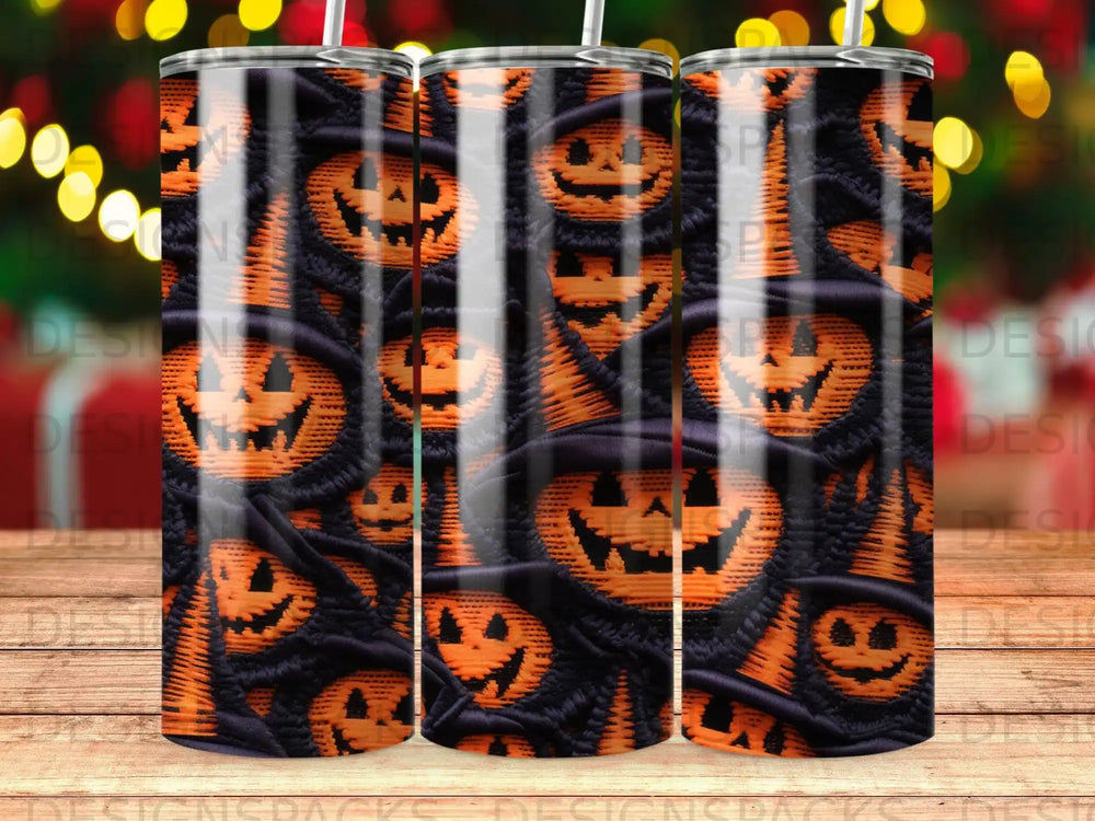 Pattern of carved pumpkins with black hats and orange lights.