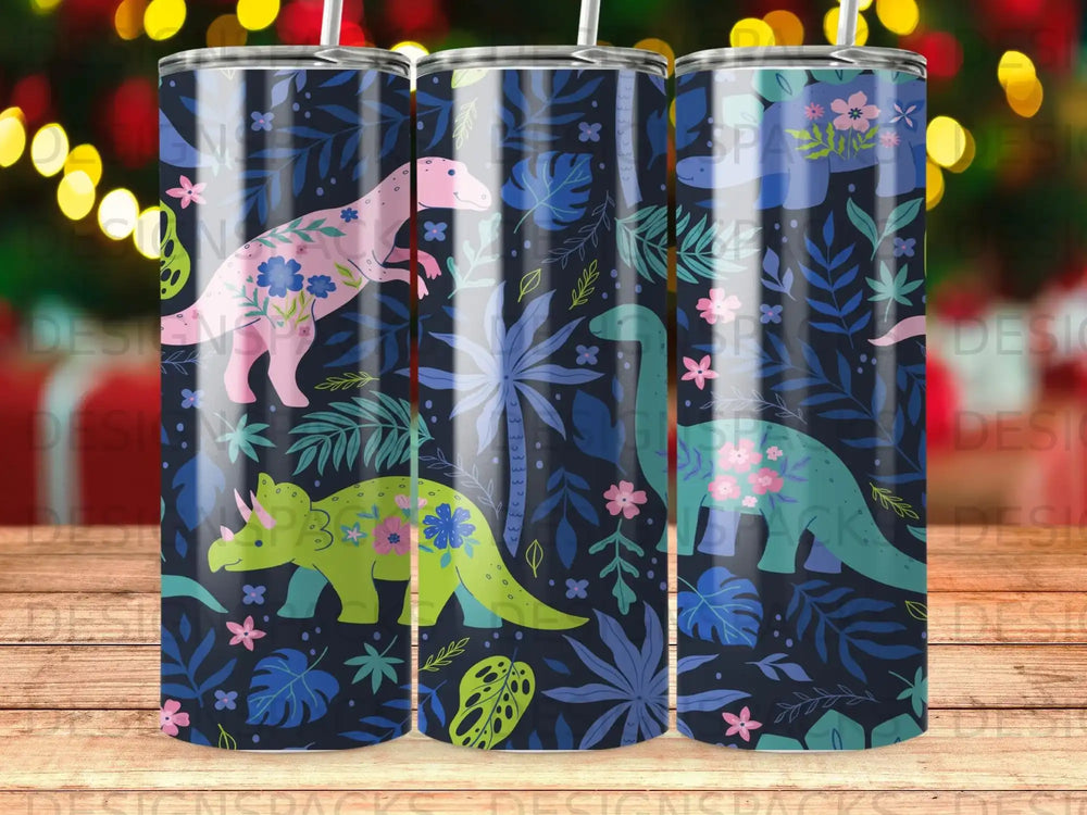 Dark blue tumbler with repeating dinosaur and floral pattern.