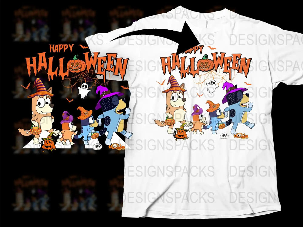 Happy Halloween Cartoon Characters T-Shirt, Spooky Fun Kids Holiday Tee, Unique Graphic Design Shirt for Parties