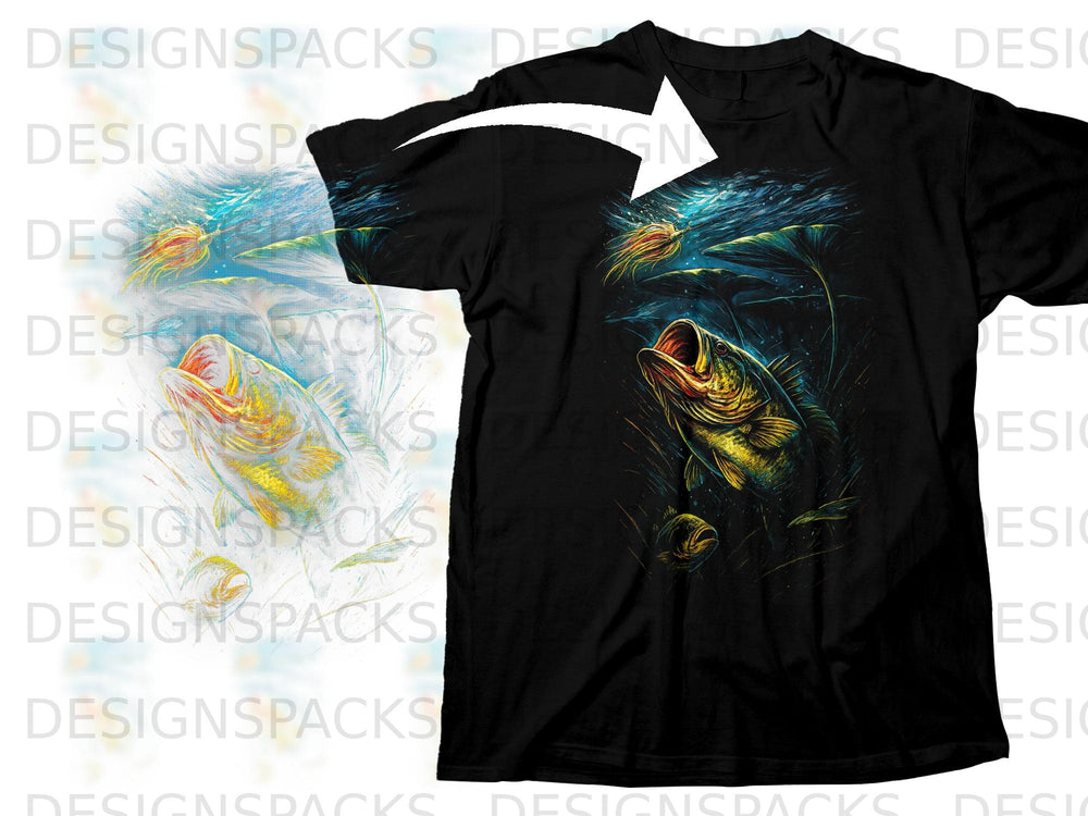 Black t-shirt with a vibrant underwater fishing scene featuring a bass and a lure.