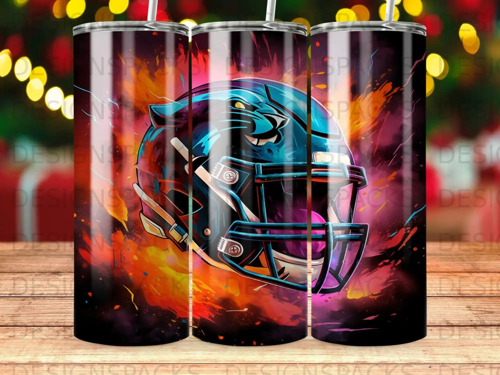 Carolina Panthers helmet with flames and colorful abstract background.