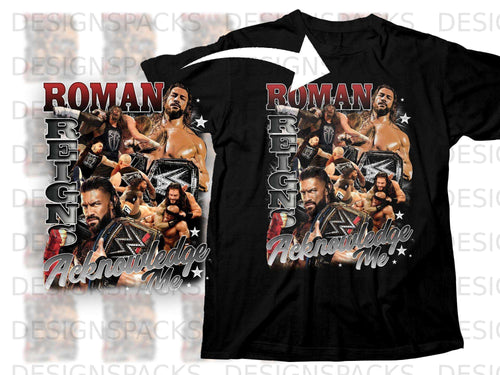 Black t-shirt with Roman Reigns collage and 
