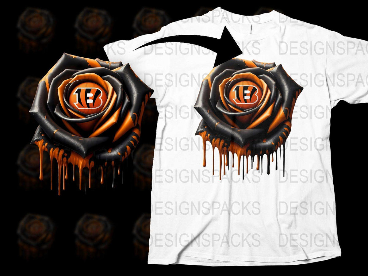 Unique Orange and Black Dripping Rose Design T-Shirt, Stylish Floral Graphic Tee, Unisex Casual Wear