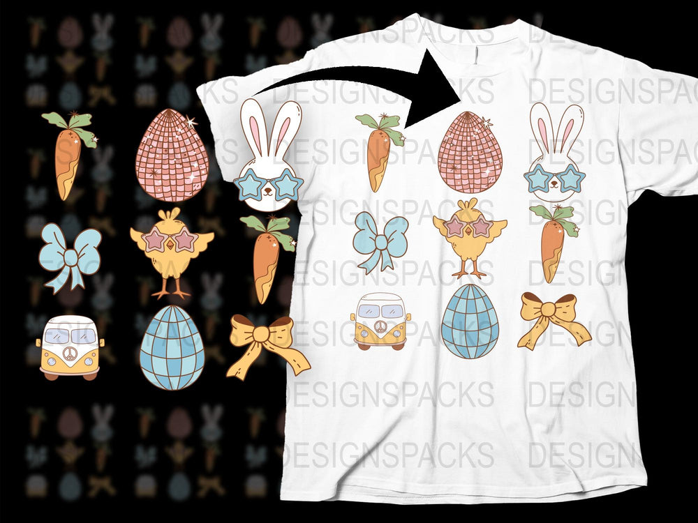 Easter Bunny T-Shirt with Carrots, Eggs, and Floral Designs, Cute Spring Casual Wear