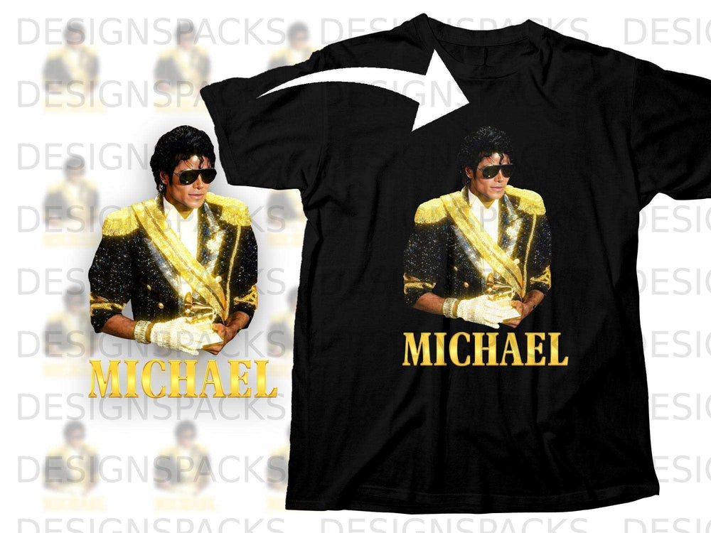 Black t-shirt with Michael Jackson in sparkly gold jacket and pants.