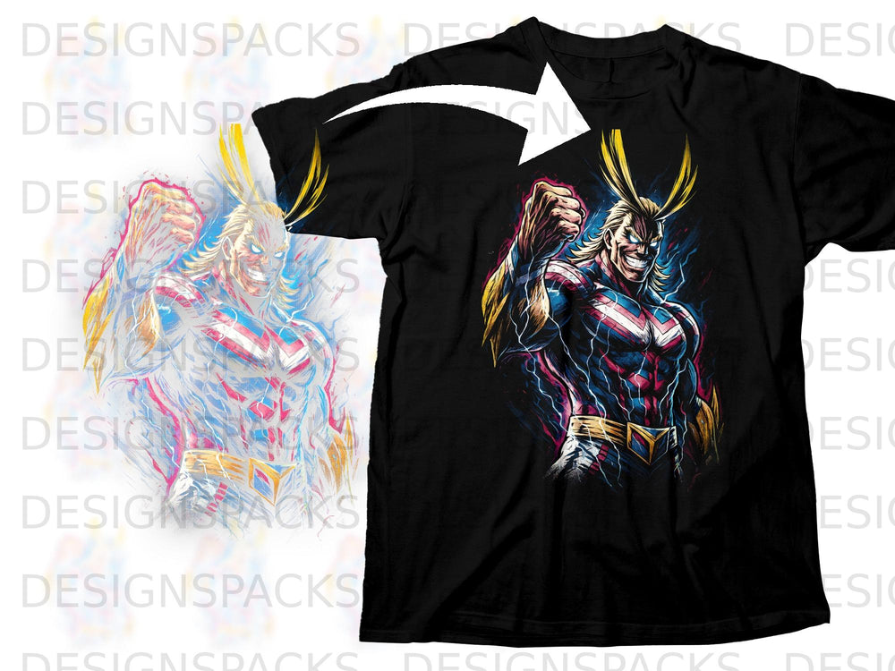 Black t-shirt with a colorful All Might illustration and a white arrow overlay.