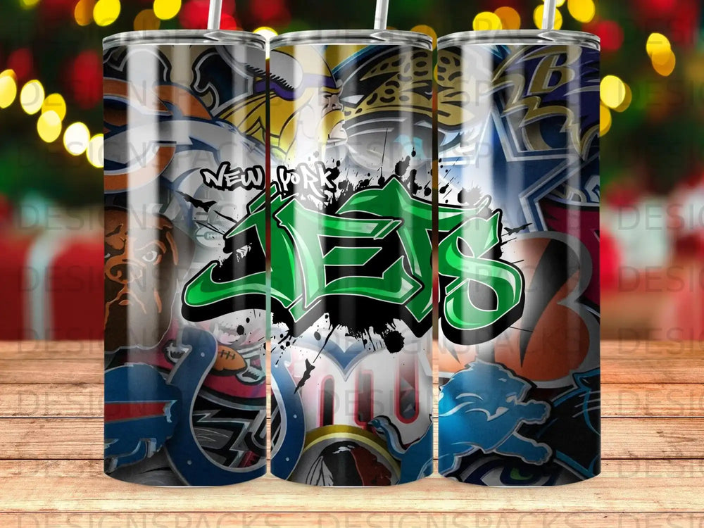 New York Jets logo graffiti on a tumbler with team logos.