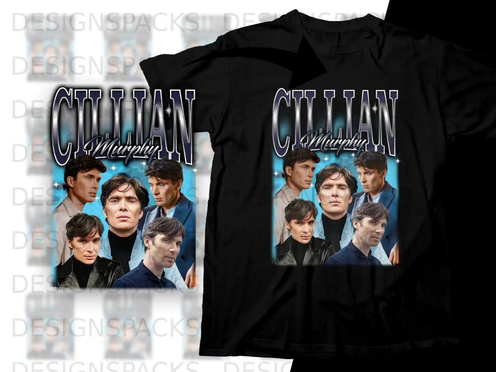 Cillian Murphy collage graphic on black t-shirt.