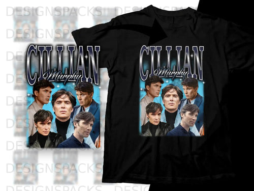 Cillian Murphy collage graphic on black t-shirt.
