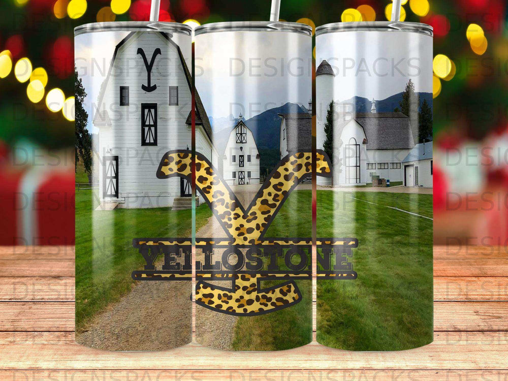 Yellowstone National Park barns with leopard print Y logo on tumbler.