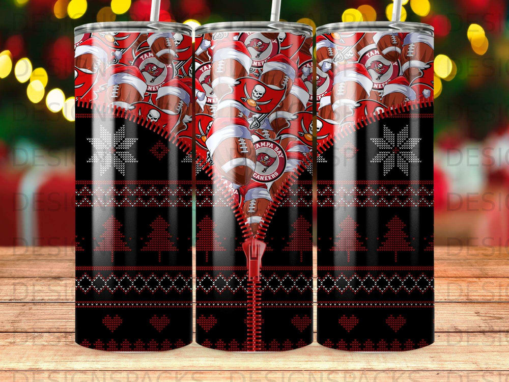 Tampa Bay Buccaneers Christmas-themed tumbler with a zipper design.