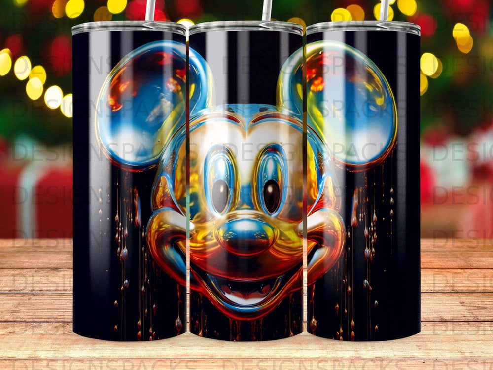 Mickey Mouse face with dripping effect on a black tumbler.