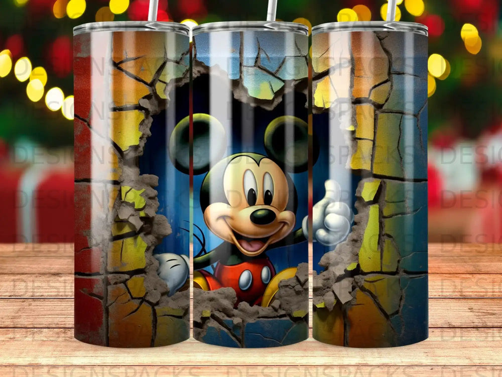 Mickey Mouse peeking through a cracked wall on a tumbler.