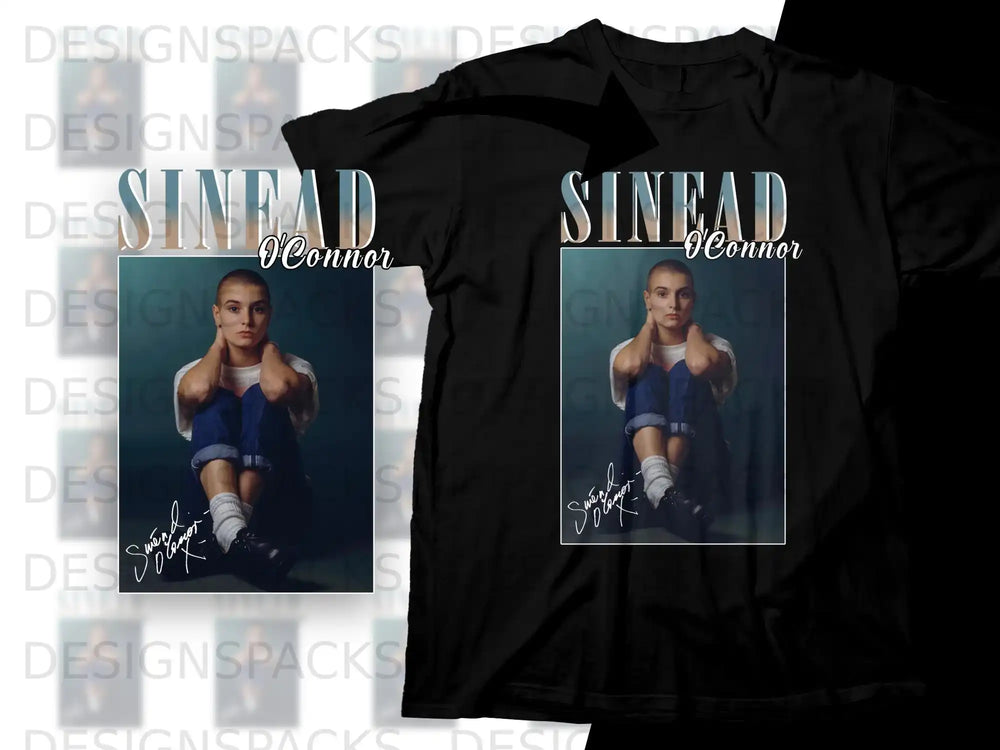 Black t-shirt with "Sinead O'Connor" graphic and artist photo.