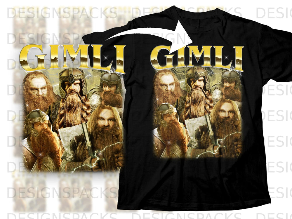 Black t-shirt with gold "Gimli" text and multiple dwarf characters.