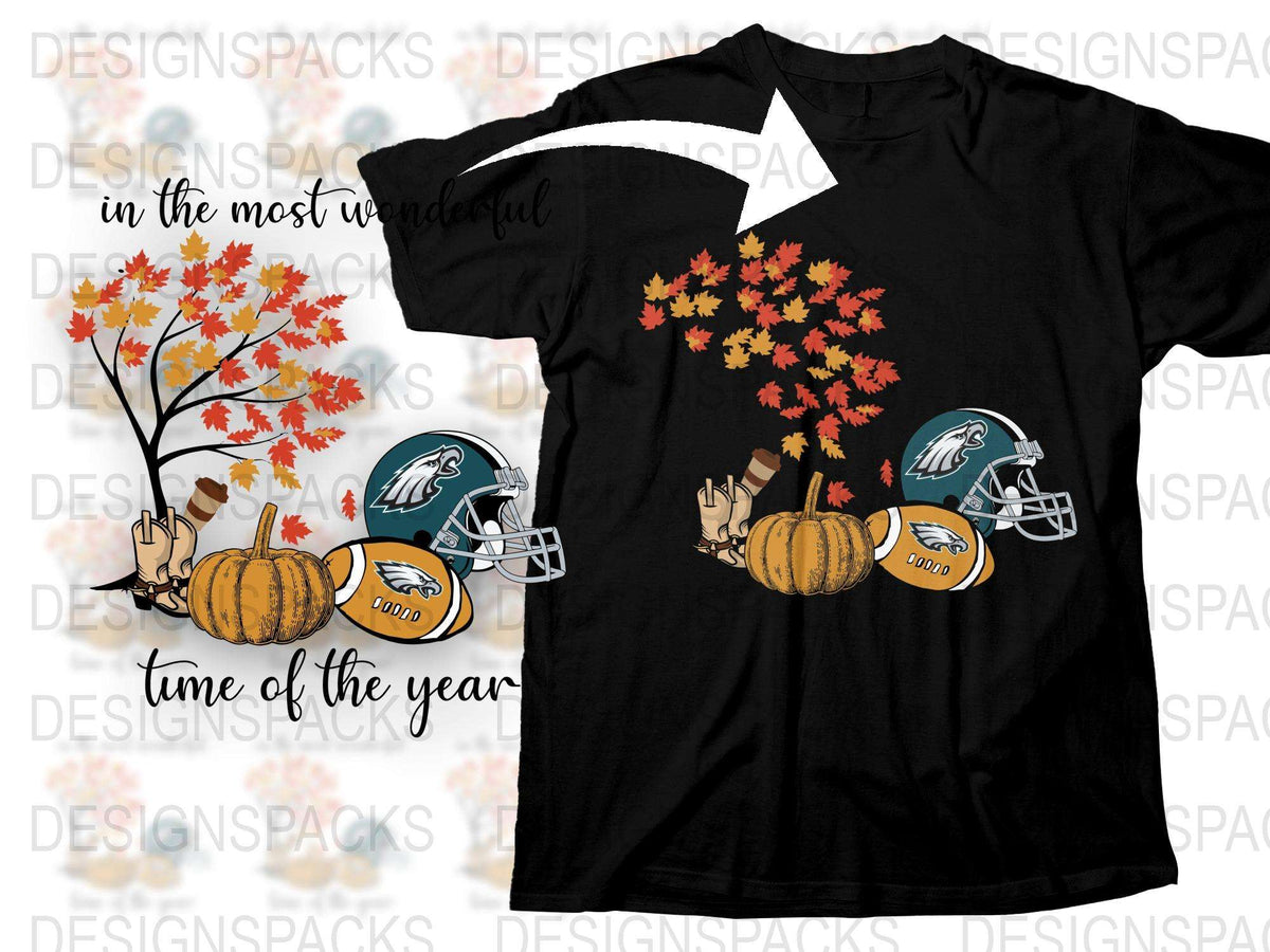 Autumn Leaves and Football Teams T-Shirt, Fall Season Sports Fan Apparel, Thanksgiving Pumpkins and Maple Leaves Design Shirt