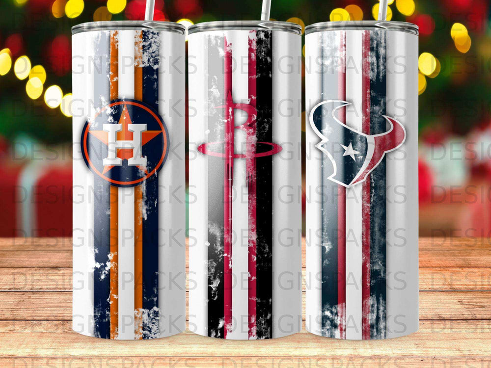Three tumblers with Houston Astros and Texans team logos.