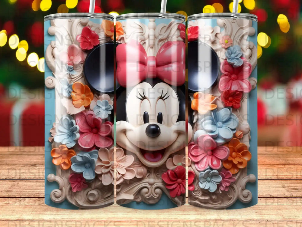 Minnie Mouse surrounded by colorful floral relief on a patterned tumbler.