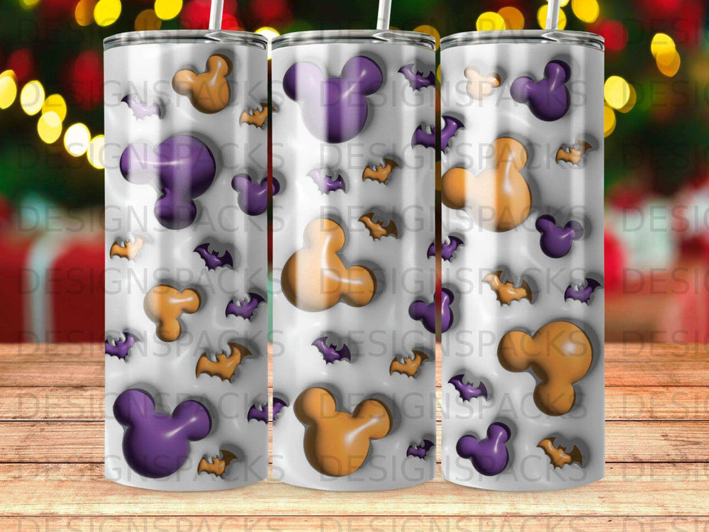 Three tumblers with Mickey Mouse ears pattern in purple and orange.