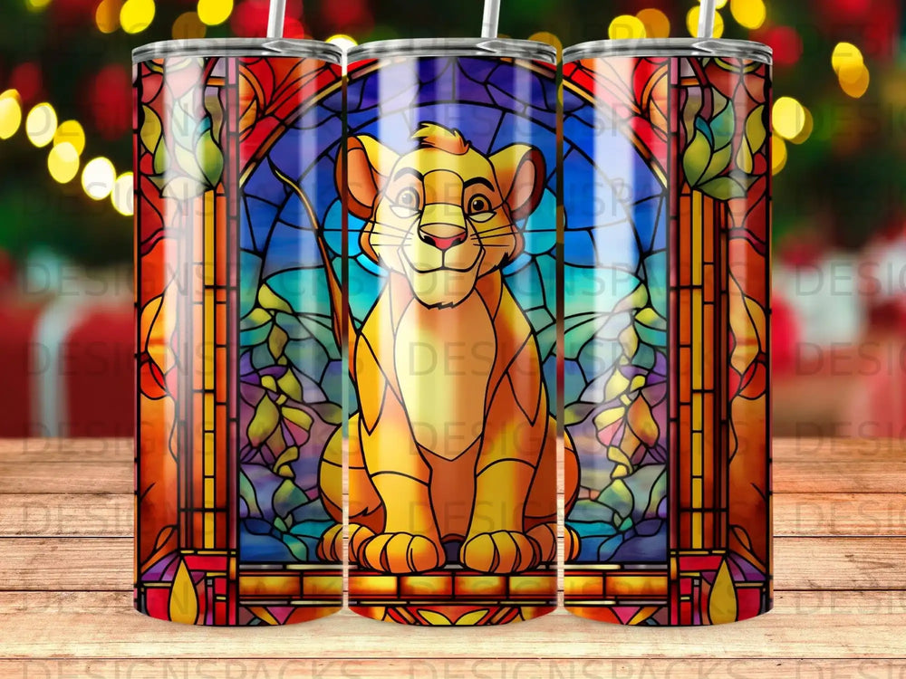 Stained glass Simba from The Lion King sitting in a colorful archway.