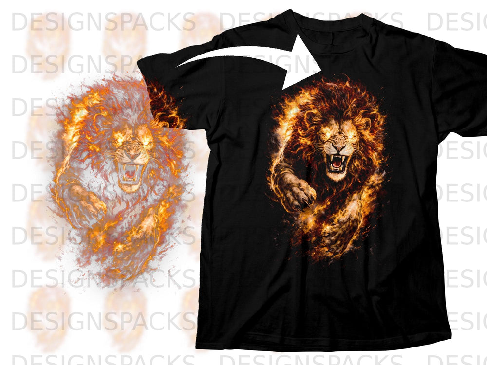 Black t-shirt with a roaring lion engulfed in flames graphic.