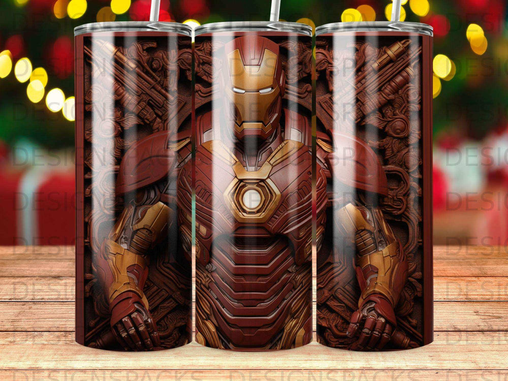 Iron Man armor in metallic red and gold, close-up, against a blurred background.