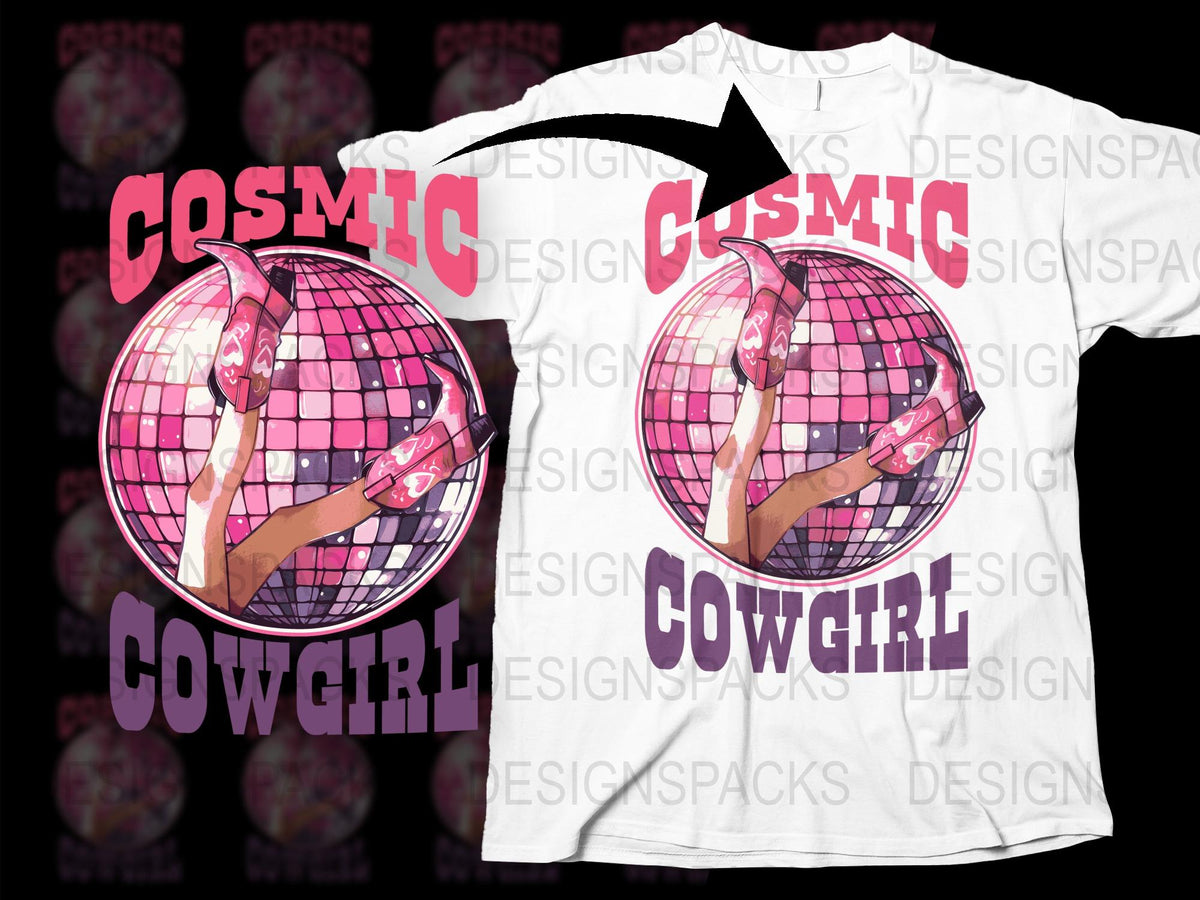 Cosmic Cowgirl T-Shirt, Retro Disco Ball Print, Pink and Purple, Funky Graphic Tee, Unique Women's Fashion Top