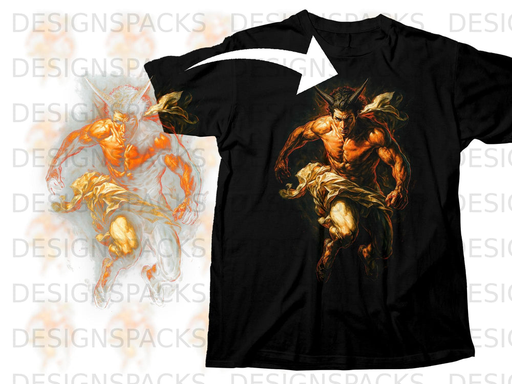 Black t-shirt featuring a muscular horned figure with wings, inspired by classical art.