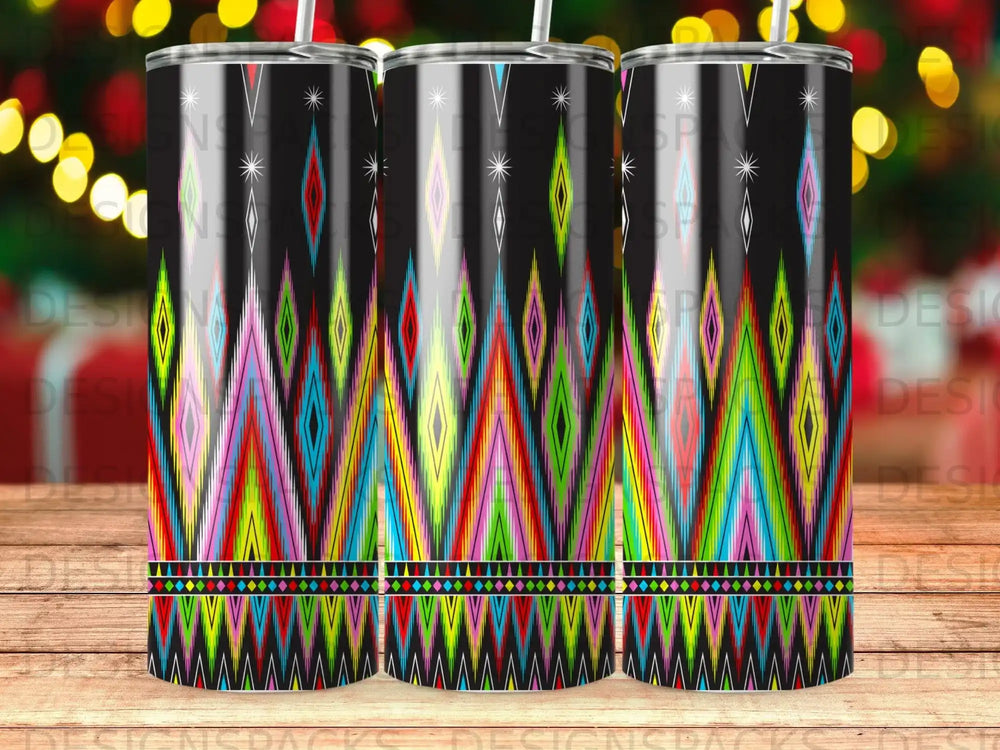 Three insulated tumblers with a colorful, geometric diamond pattern.