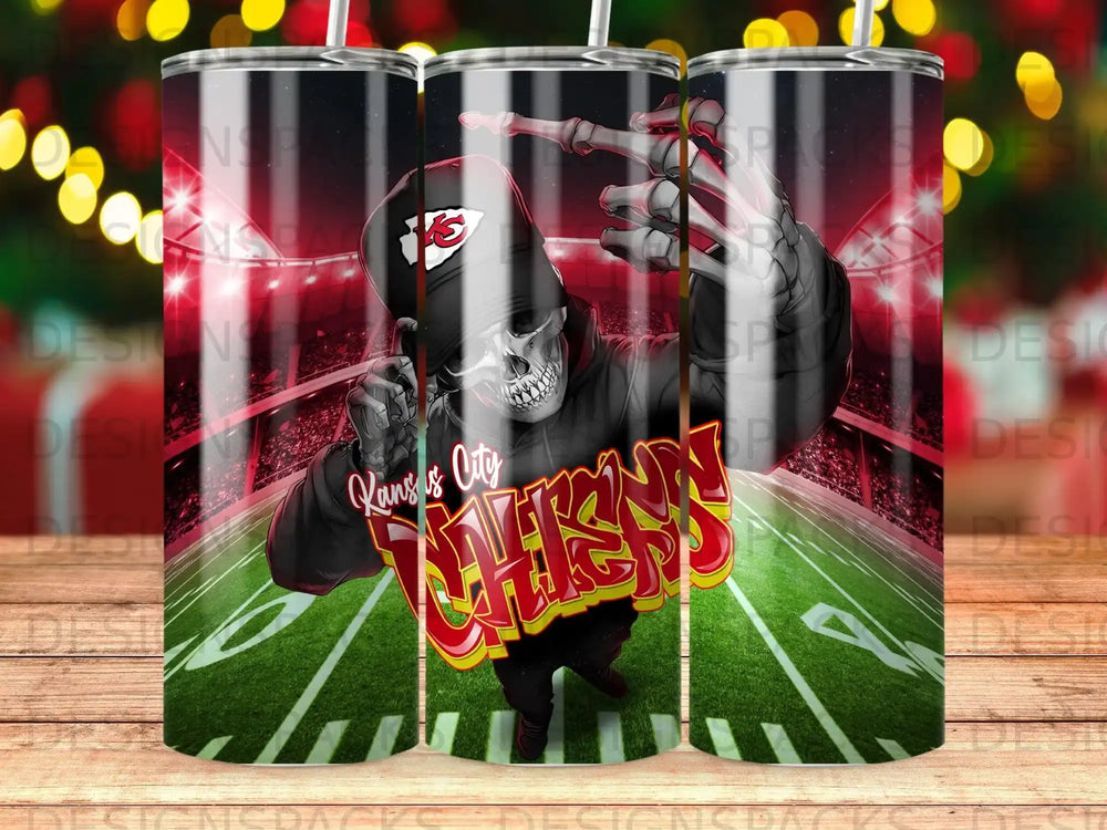 Kansas City Chiefs skeleton mascot with football field background.