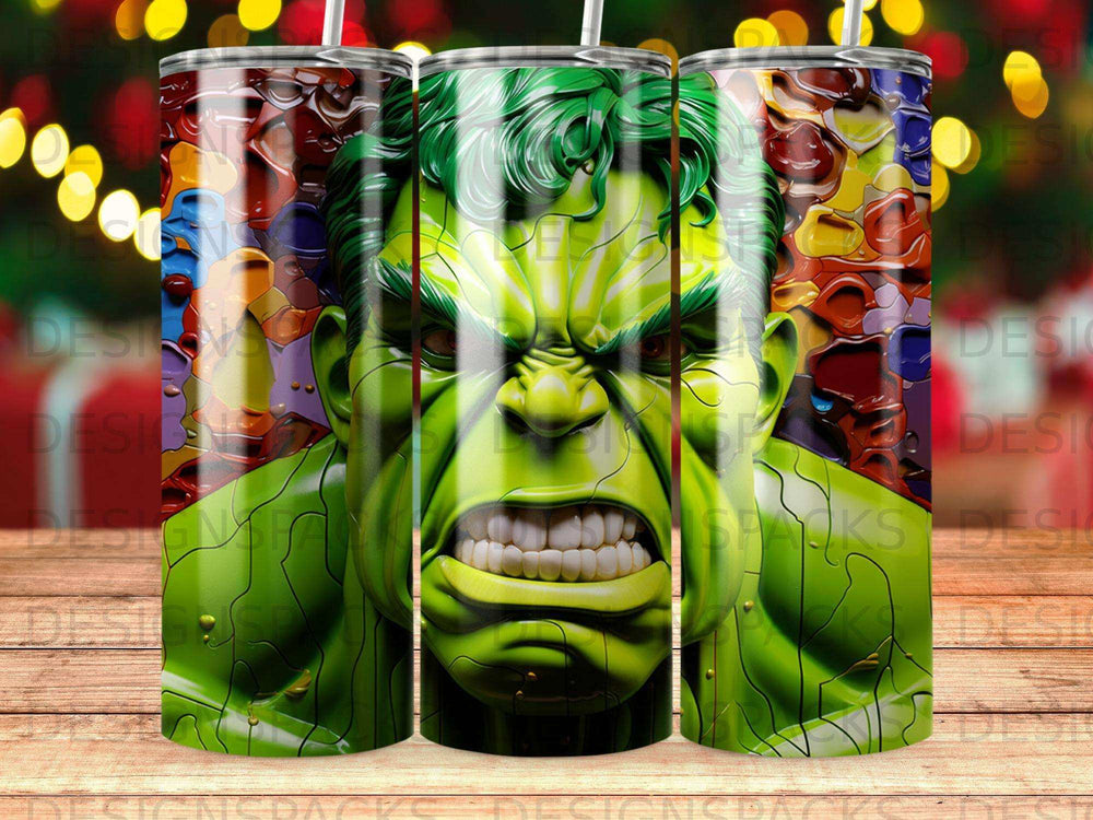 The Incredible Hulk's angry face on a colorful, textured tumbler.