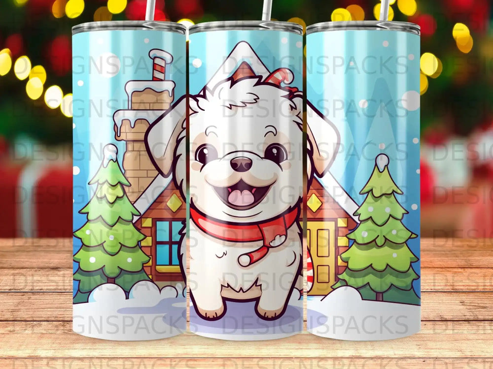 Smiling white dog with red scarf in front of a snowy house and trees.