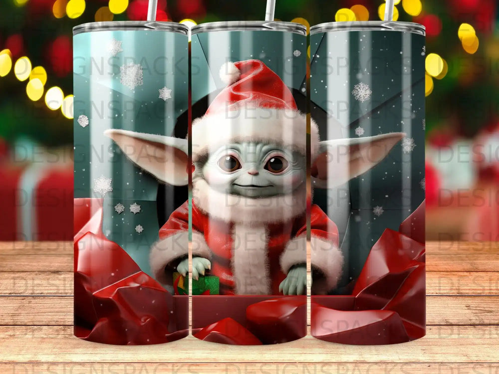 Grogu in Santa hat and coat with presents, on a tumbler.