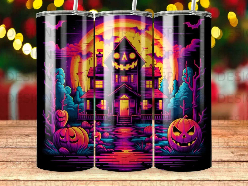 Halloween house and pumpkins illustration with purple and orange glow.