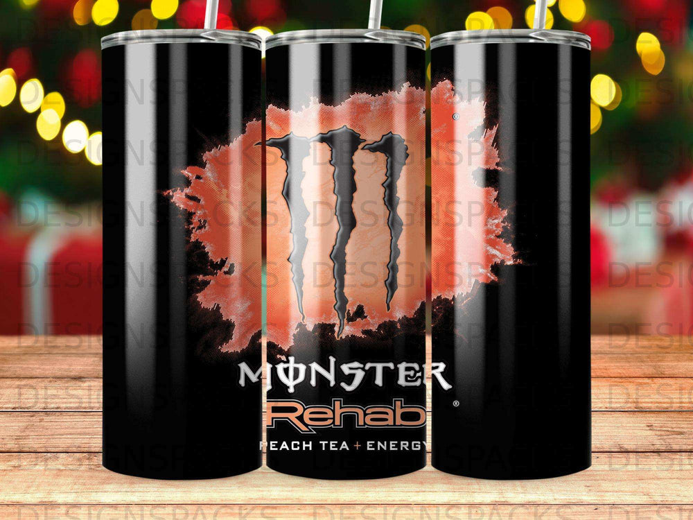 Monster Rehab Peach Tea + Energy tumbler with iconic claw logo.