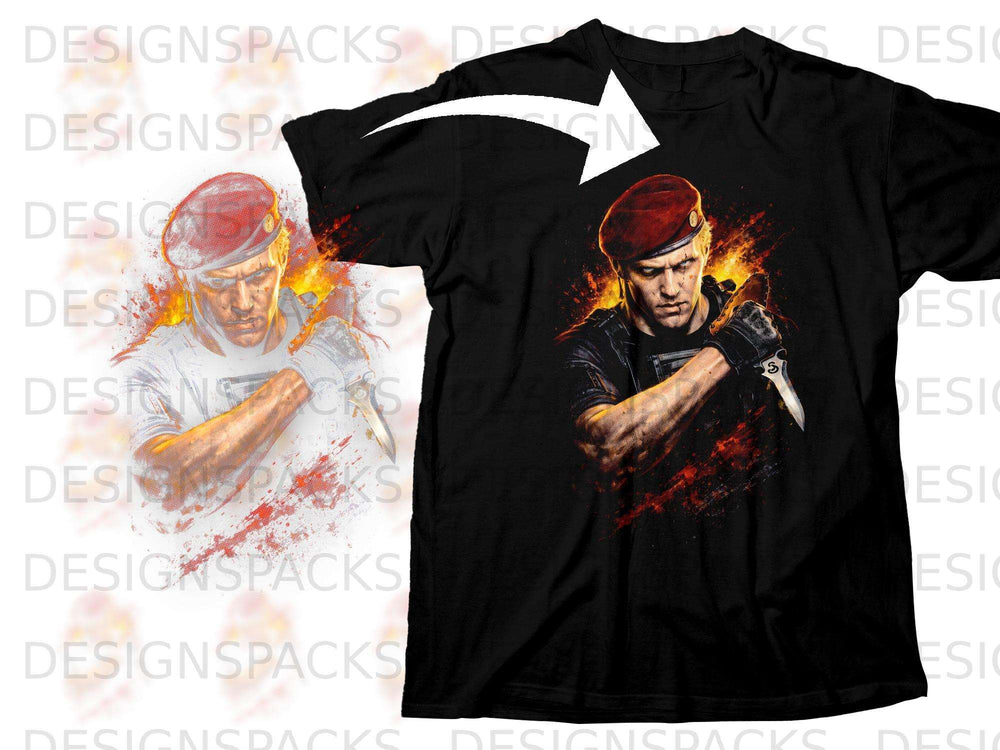 Black t-shirt with artwork of a man in a red beret holding a knife.